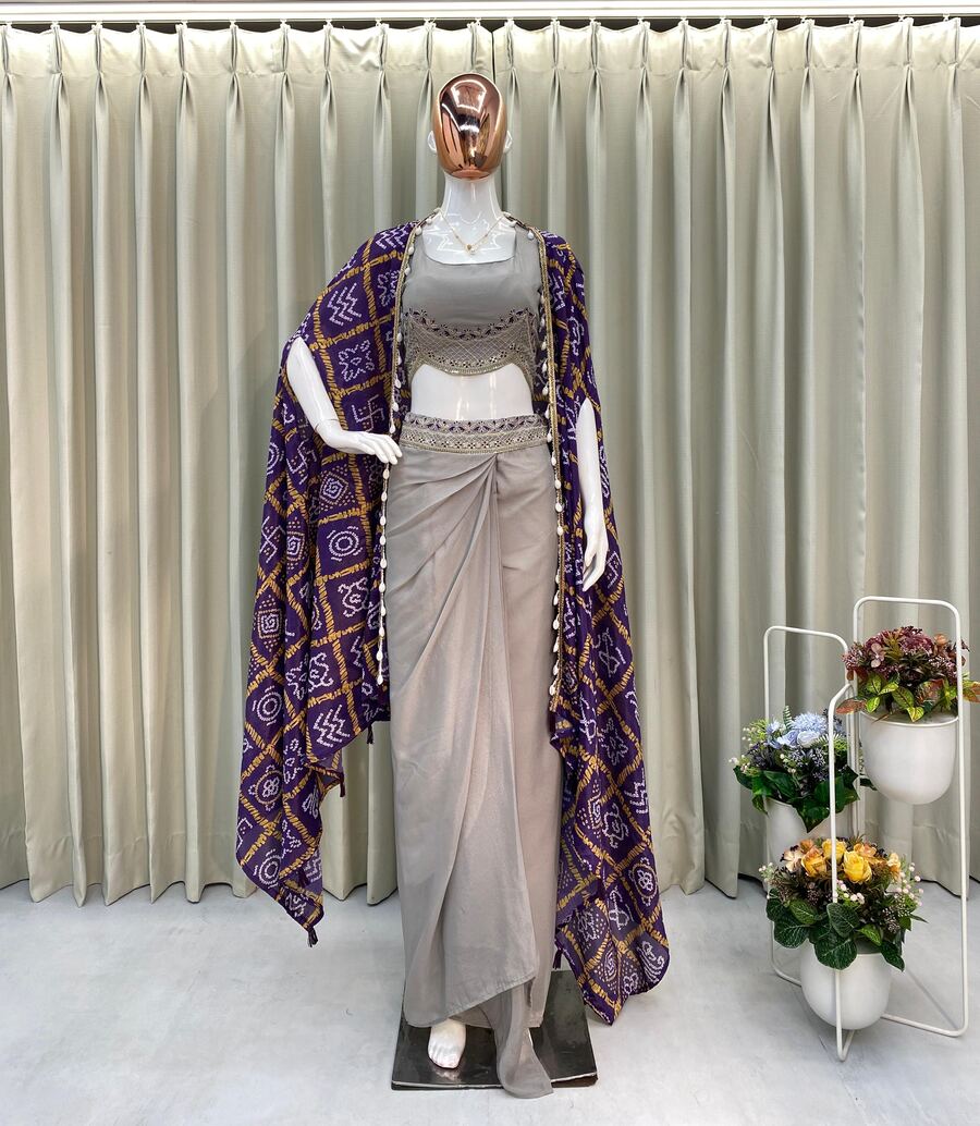 DESIGNER CHINON PRINTED AND LACE WITH KODI LATKAN WORK TOP DHOTI WITH KOTI OFF WHITE