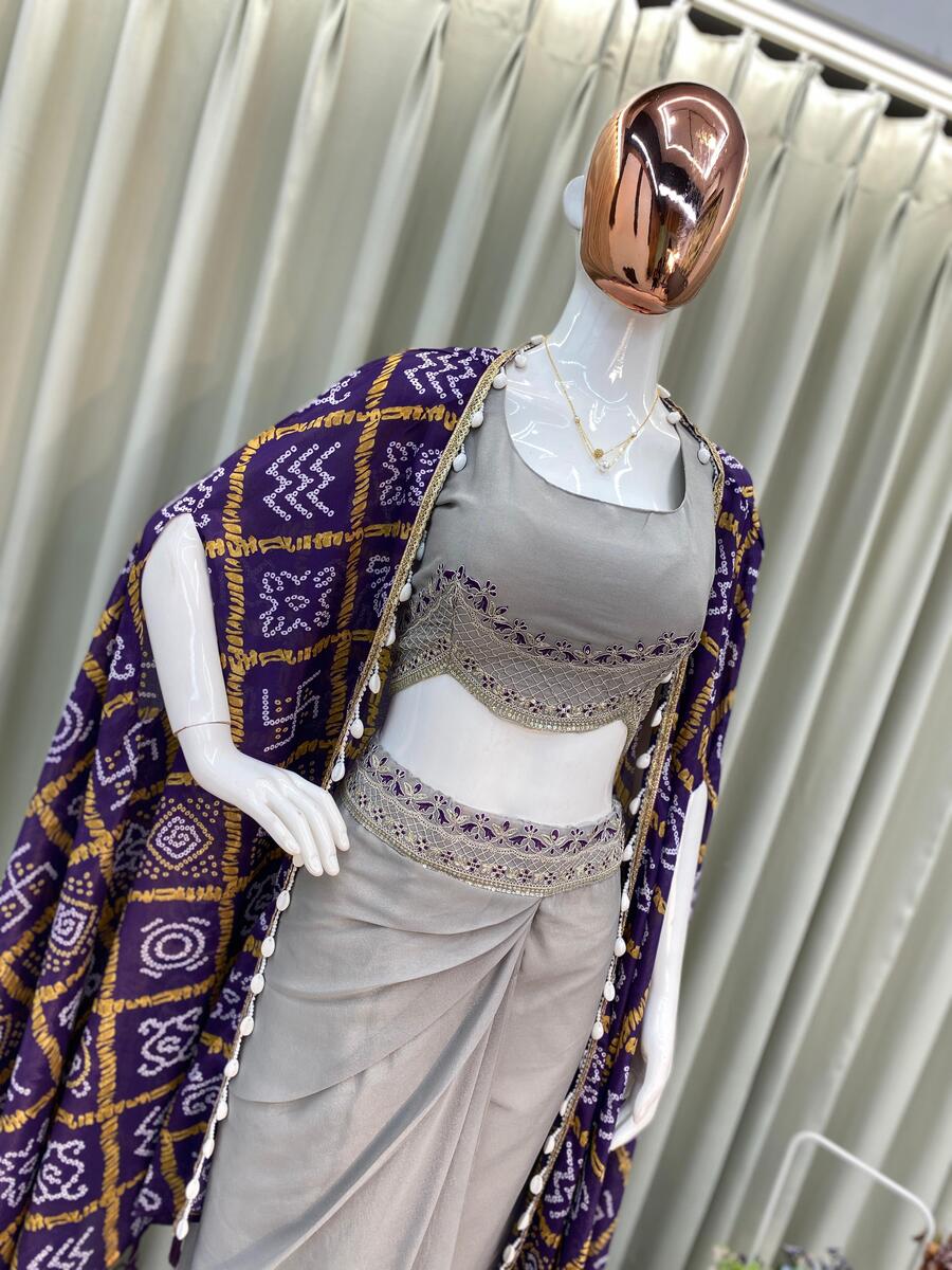 DESIGNER CHINON PRINTED AND LACE WITH KODI LATKAN WORK TOP DHOTI WITH KOTI OFF WHITE