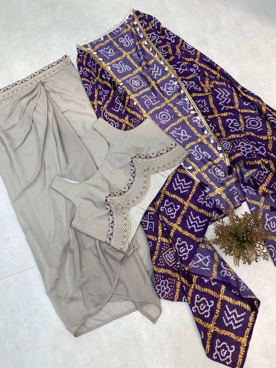 DESIGNER CHINON PRINTED AND LACE WITH KODI LATKAN WORK TOP DHOTI WITH KOTI OFF WHITE