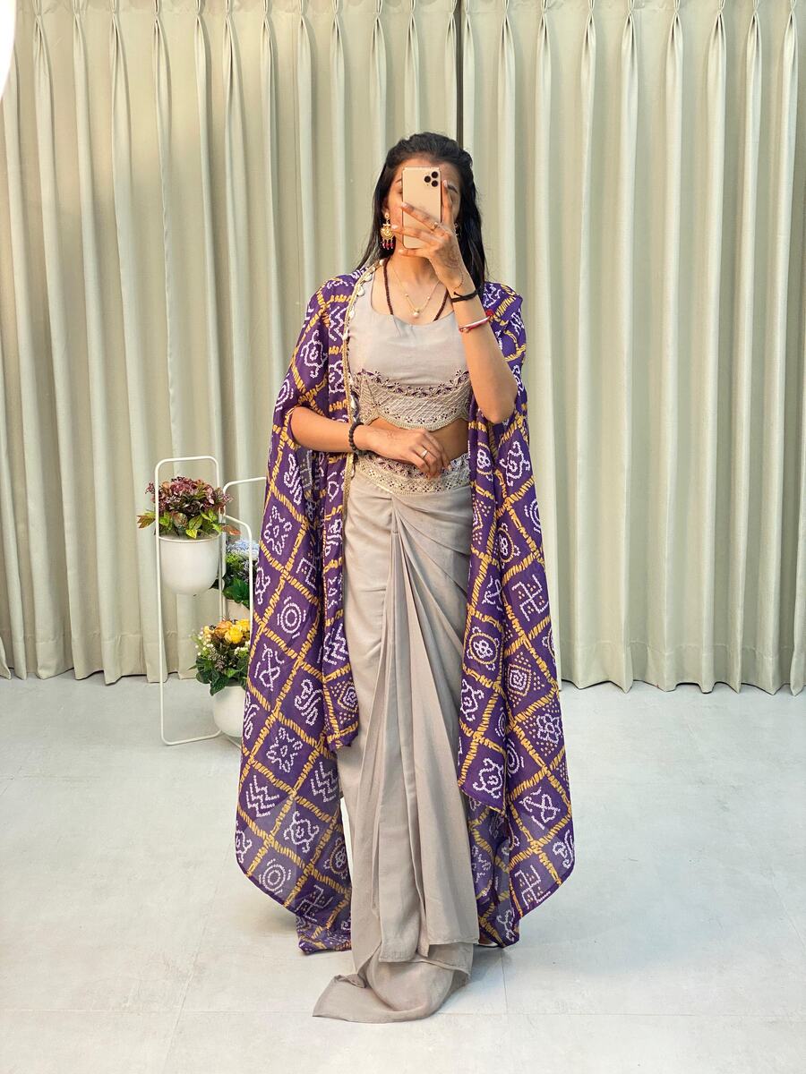 DESIGNER CHINON PRINTED AND LACE WITH KODI LATKAN WORK TOP DHOTI WITH KOTI OFF WHITE