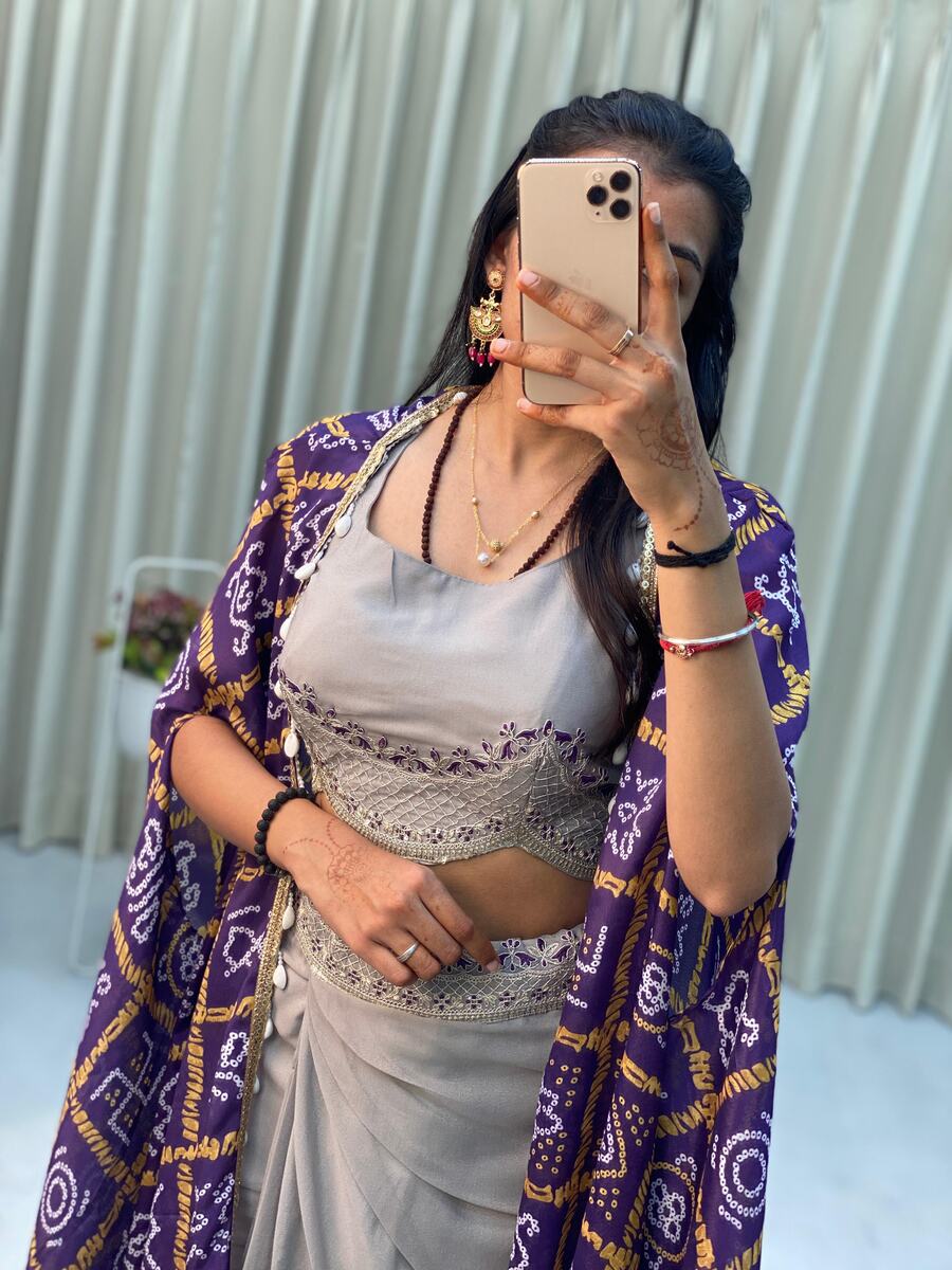 DESIGNER CHINON PRINTED AND LACE WITH KODI LATKAN WORK TOP DHOTI WITH KOTI OFF WHITE