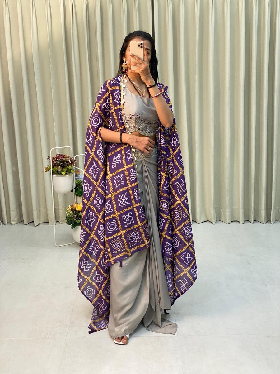 DESIGNER CHINON PRINTED AND LACE WITH KODI LATKAN WORK TOP DHOTI WITH KOTI OFF WHITE