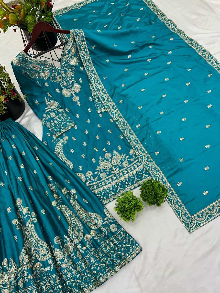 DESIGNER CHINON SILK EMBROIDERY SEQUENCE WORK TOP PALAZZO WITH DUPATTA