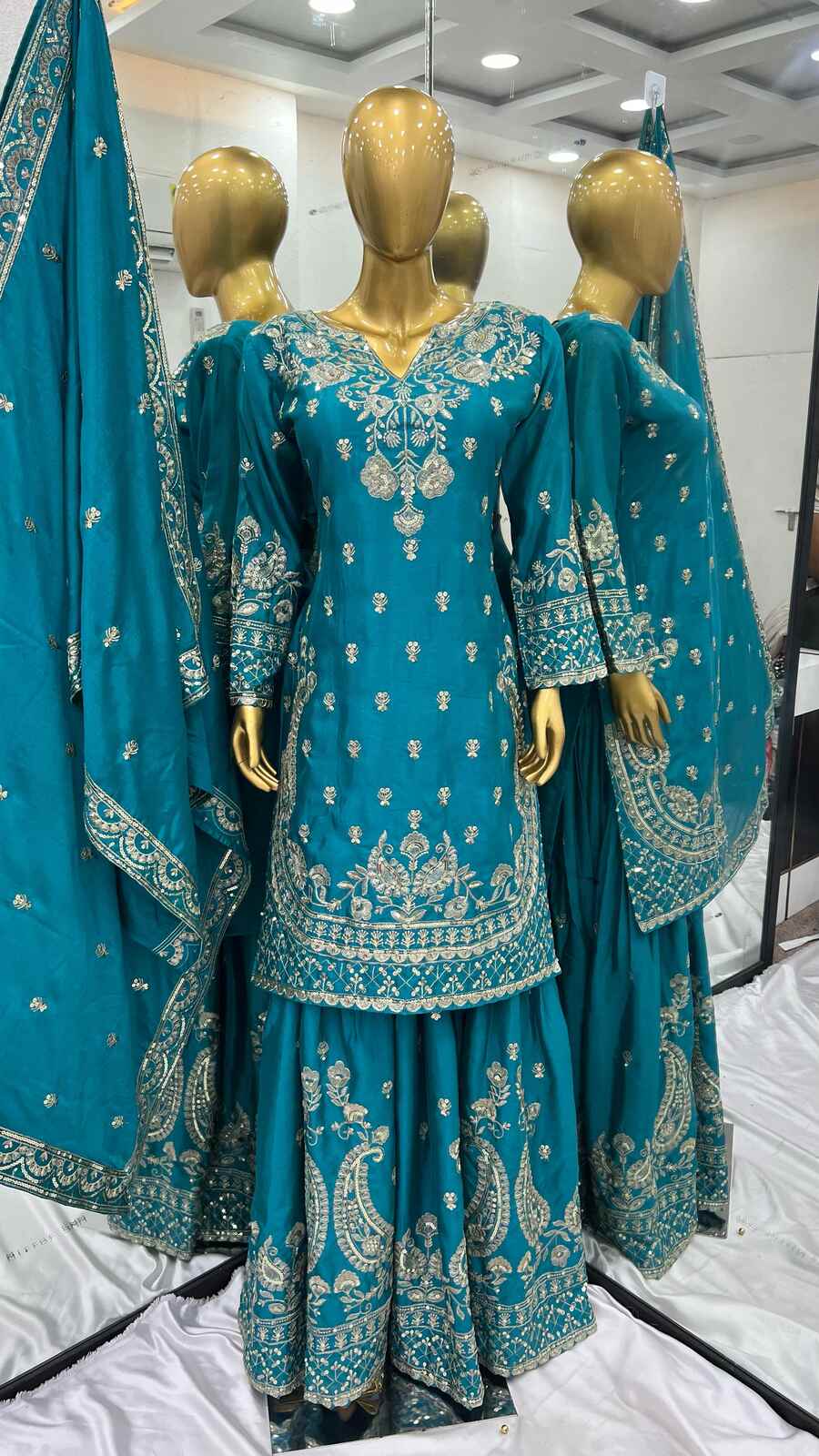 DESIGNER CHINON SILK EMBROIDERY SEQUENCE WORK TOP PALAZZO WITH DUPATTA