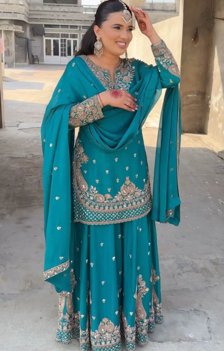 DESIGNER CHINON SILK EMBROIDERY SEQUENCE WORK TOP PALAZZO WITH DUPATTA
