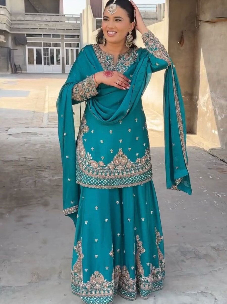 DESIGNER CHINON SILK EMBROIDERY SEQUENCE WORK TOP PALAZZO WITH DUPATTA
