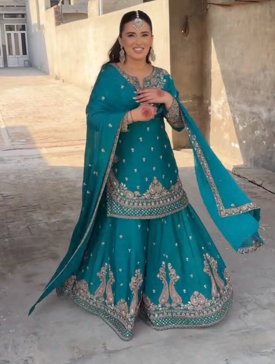 DESIGNER CHINON SILK EMBROIDERY SEQUENCE WORK TOP PALAZZO WITH DUPATTA