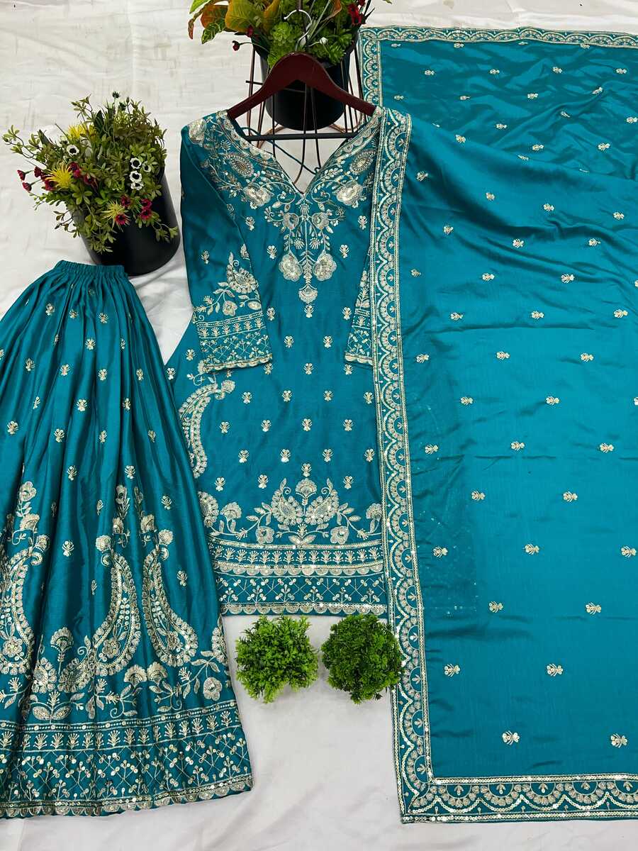 DESIGNER CHINON SILK EMBROIDERY SEQUENCE WORK TOP PALAZZO WITH DUPATTA