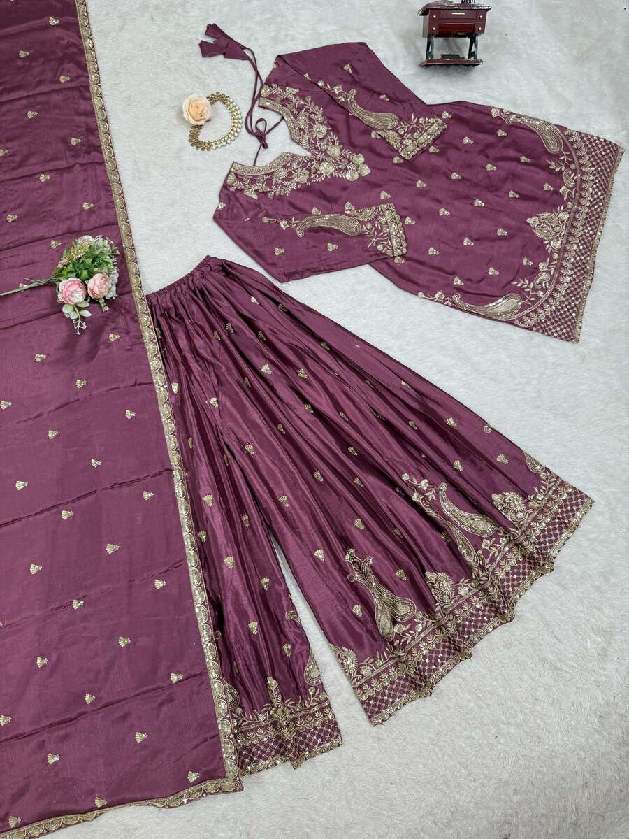 DESIGNER CHINON SILK EMBROIDERY SEQUENCE WORK TOP PALAZZO WITH DUPATTA