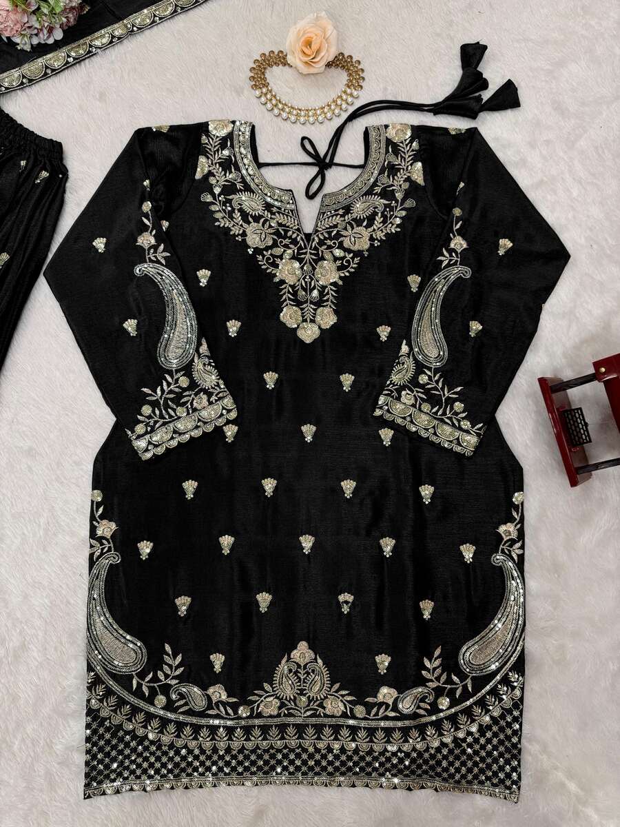DESIGNER CHINON SILK EMBROIDERY SEQUENCE WORK TOP PALAZZO WITH DUPATTA