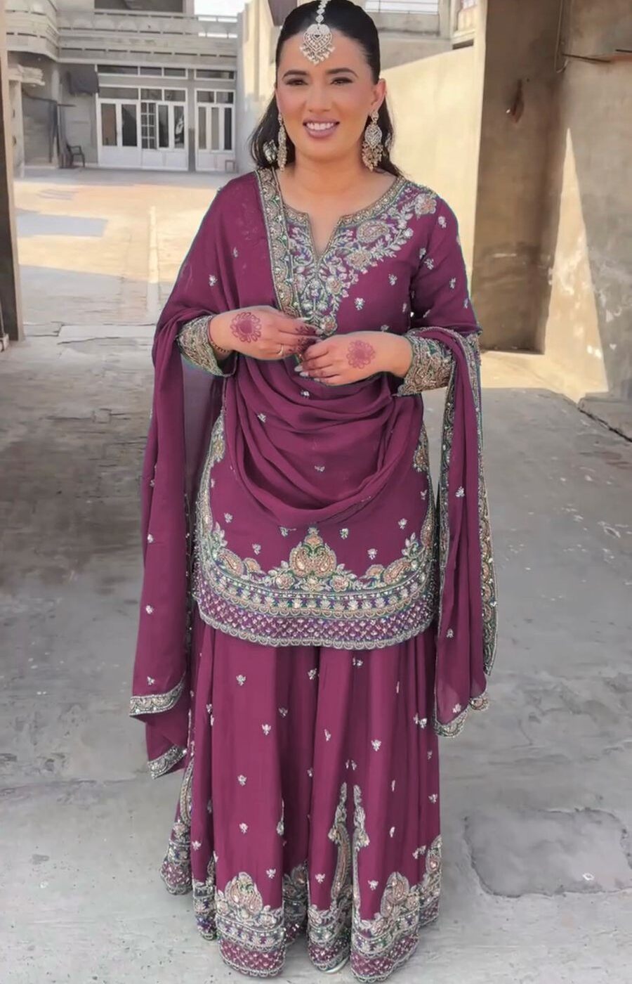 DESIGNER CHINON SILK EMBROIDERY SEQUENCE WORK TOP PALAZZO WITH DUPATTA