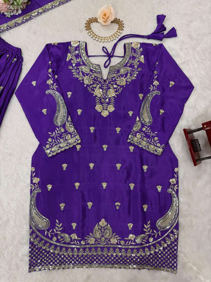 DESIGNER CHINON SILK EMBROIDERY SEQUENCE WORK TOP PALAZZO WITH DUPATTA