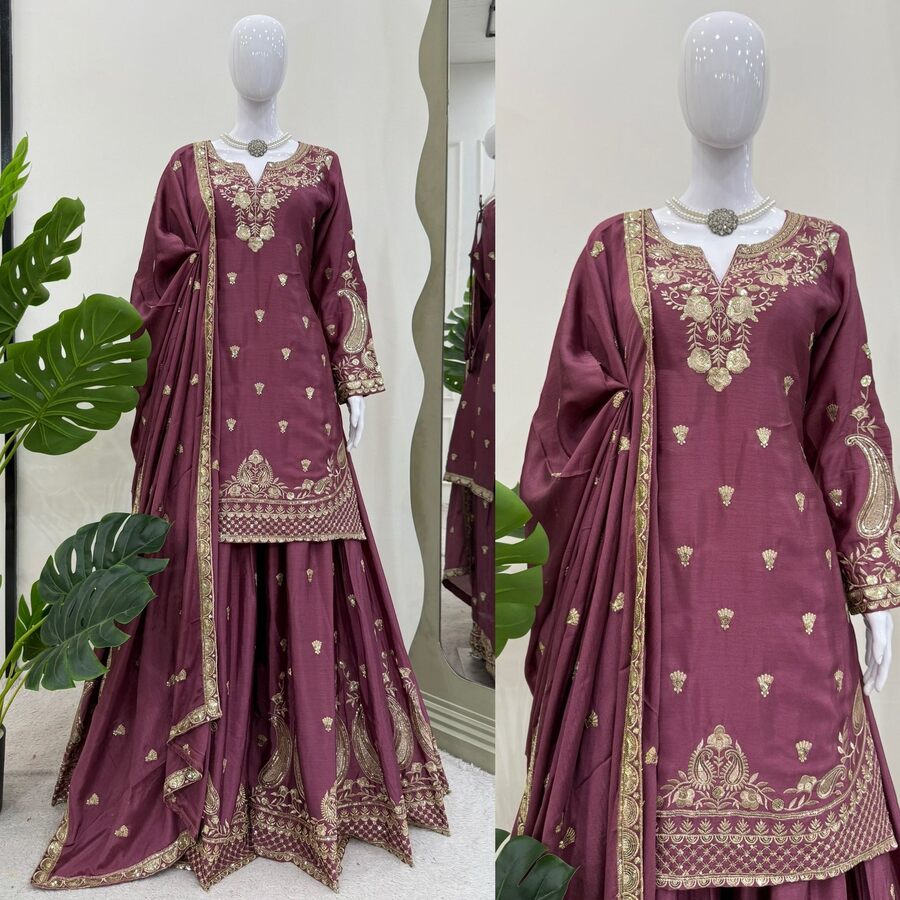 DESIGNER CHINON SILK EMBROIDERY SEQUENCE WORK TOP PALAZZO WITH DUPATTA