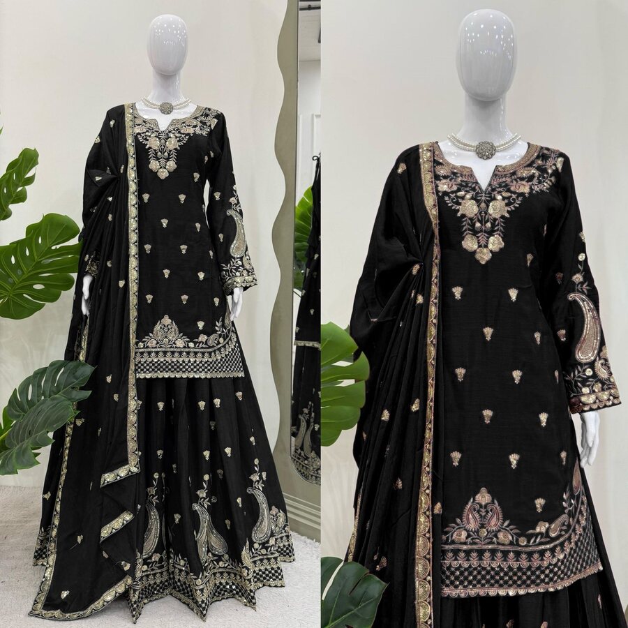 DESIGNER CHINON SILK EMBROIDERY SEQUENCE WORK TOP PALAZZO WITH DUPATTA