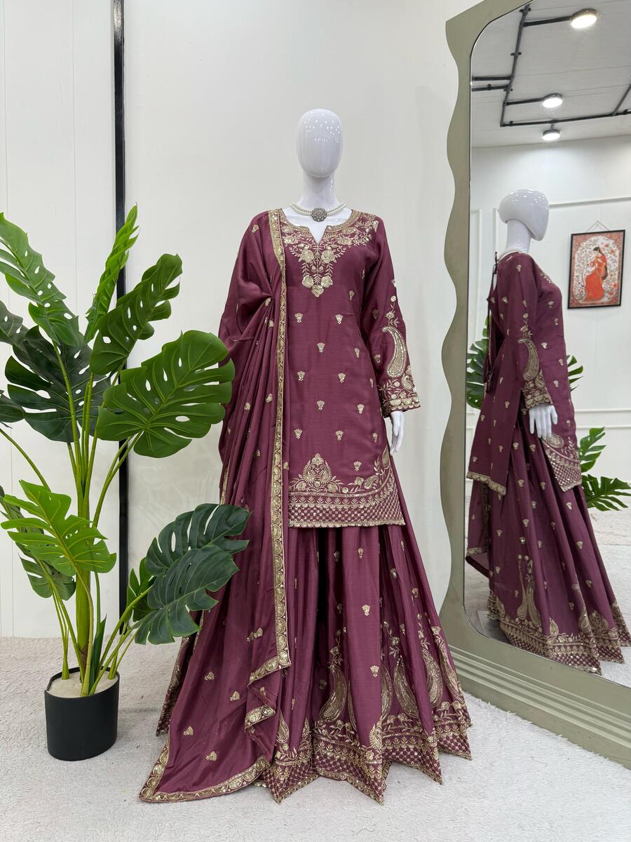 DESIGNER CHINON SILK EMBROIDERY SEQUENCE WORK TOP PALAZZO WITH DUPATTA