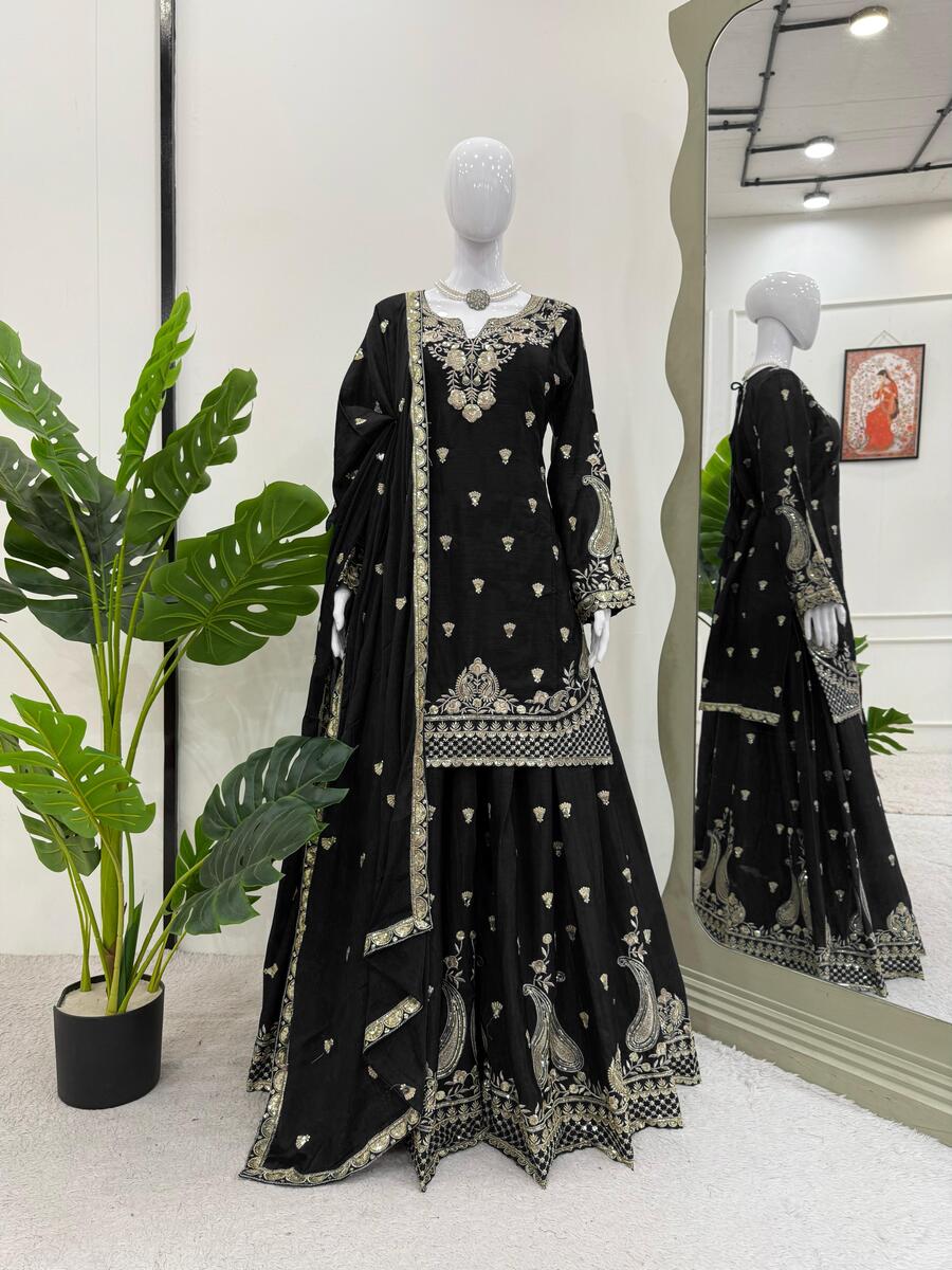 DESIGNER CHINON SILK EMBROIDERY SEQUENCE WORK TOP PALAZZO WITH DUPATTA