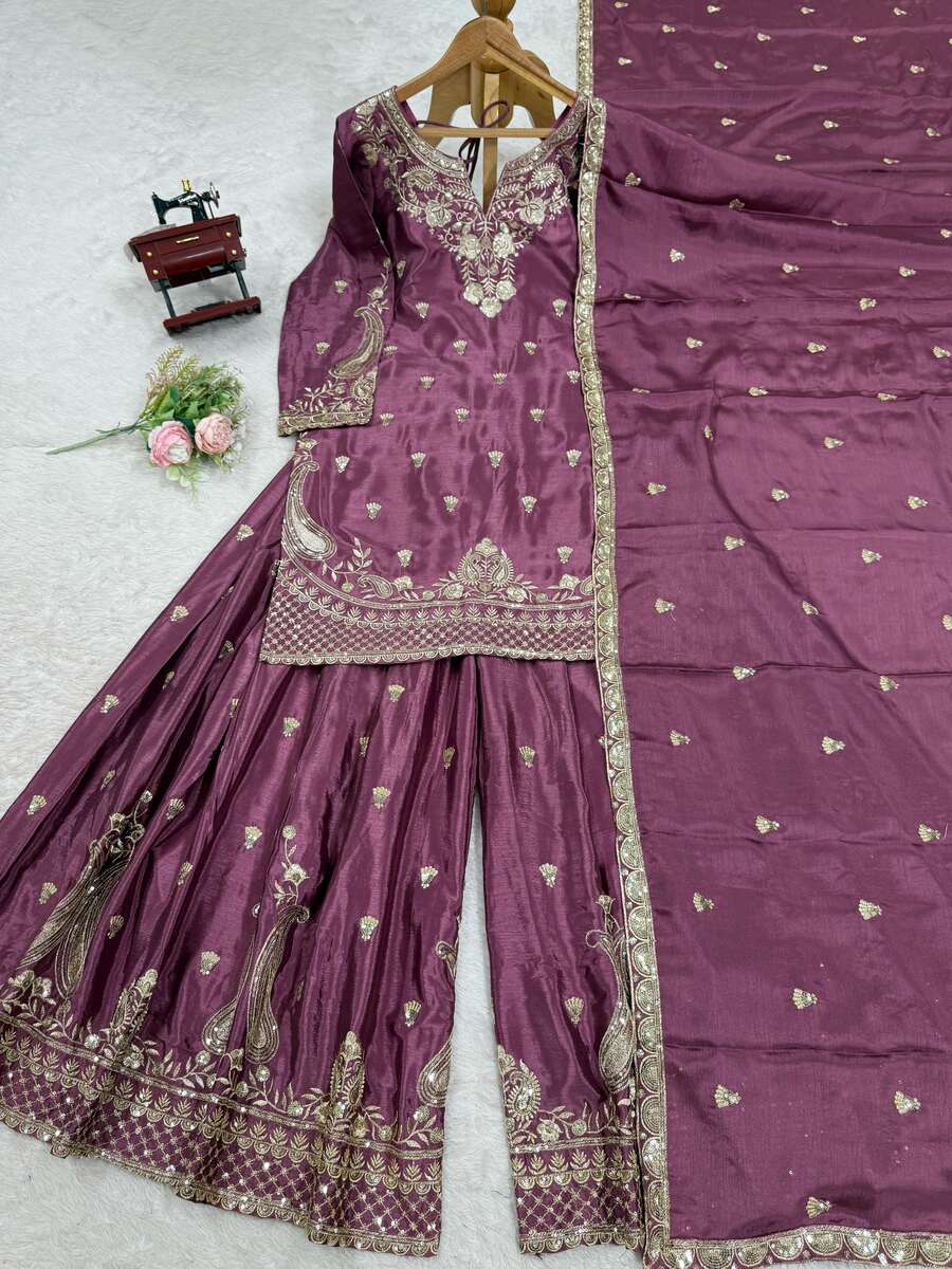 DESIGNER CHINON SILK EMBROIDERY SEQUENCE WORK TOP PALAZZO WITH DUPATTA