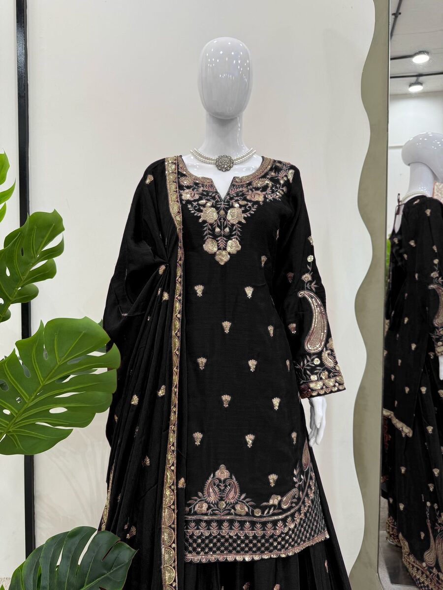 DESIGNER CHINON SILK EMBROIDERY SEQUENCE WORK TOP PALAZZO WITH DUPATTA