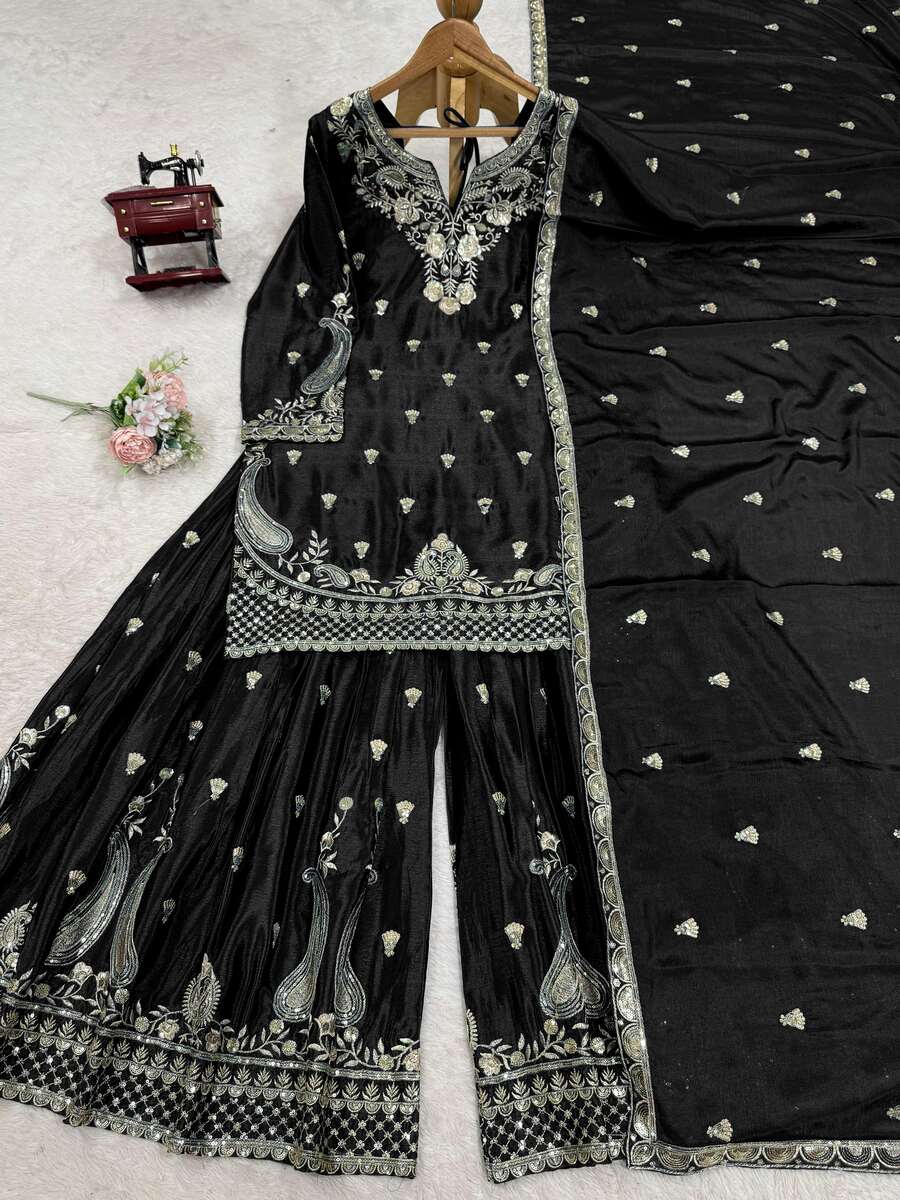 DESIGNER CHINON SILK EMBROIDERY SEQUENCE WORK TOP PALAZZO WITH DUPATTA