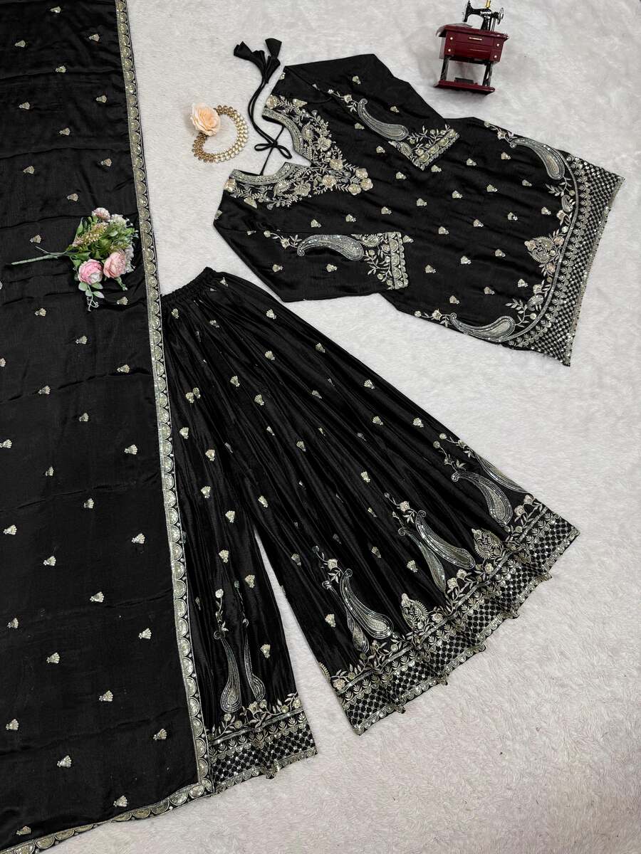 DESIGNER CHINON SILK EMBROIDERY SEQUENCE WORK TOP PALAZZO WITH DUPATTA
