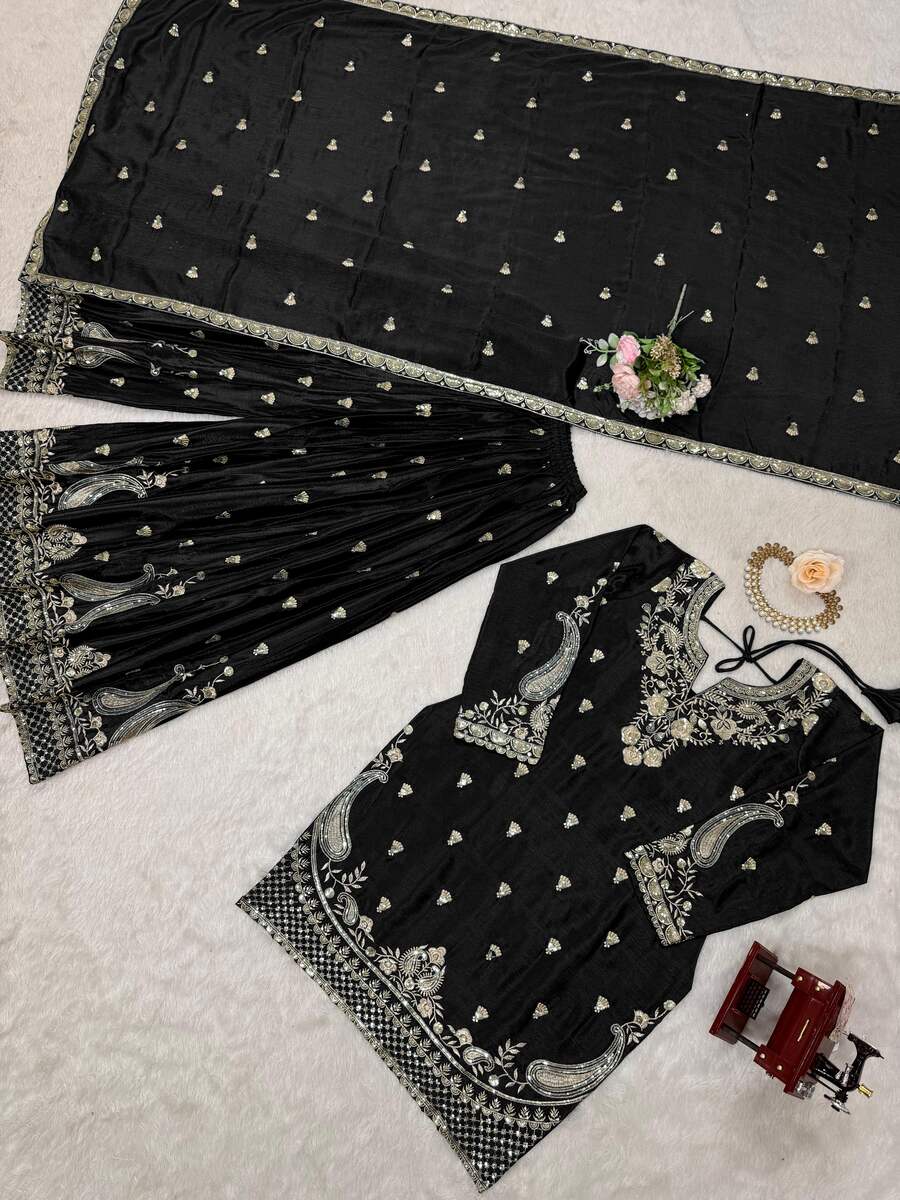DESIGNER CHINON SILK EMBROIDERY SEQUENCE WORK TOP PALAZZO WITH DUPATTA