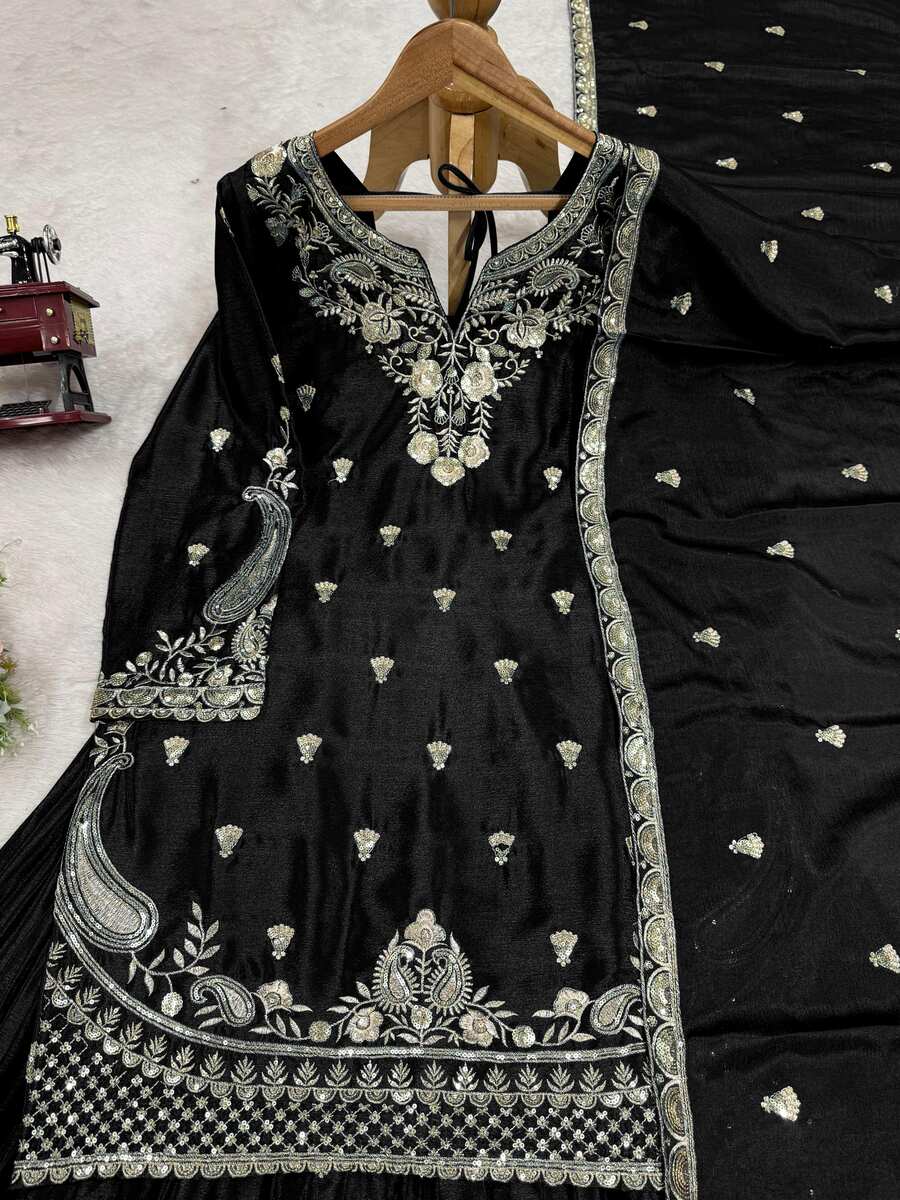 DESIGNER CHINON SILK EMBROIDERY SEQUENCE WORK TOP PALAZZO WITH DUPATTA