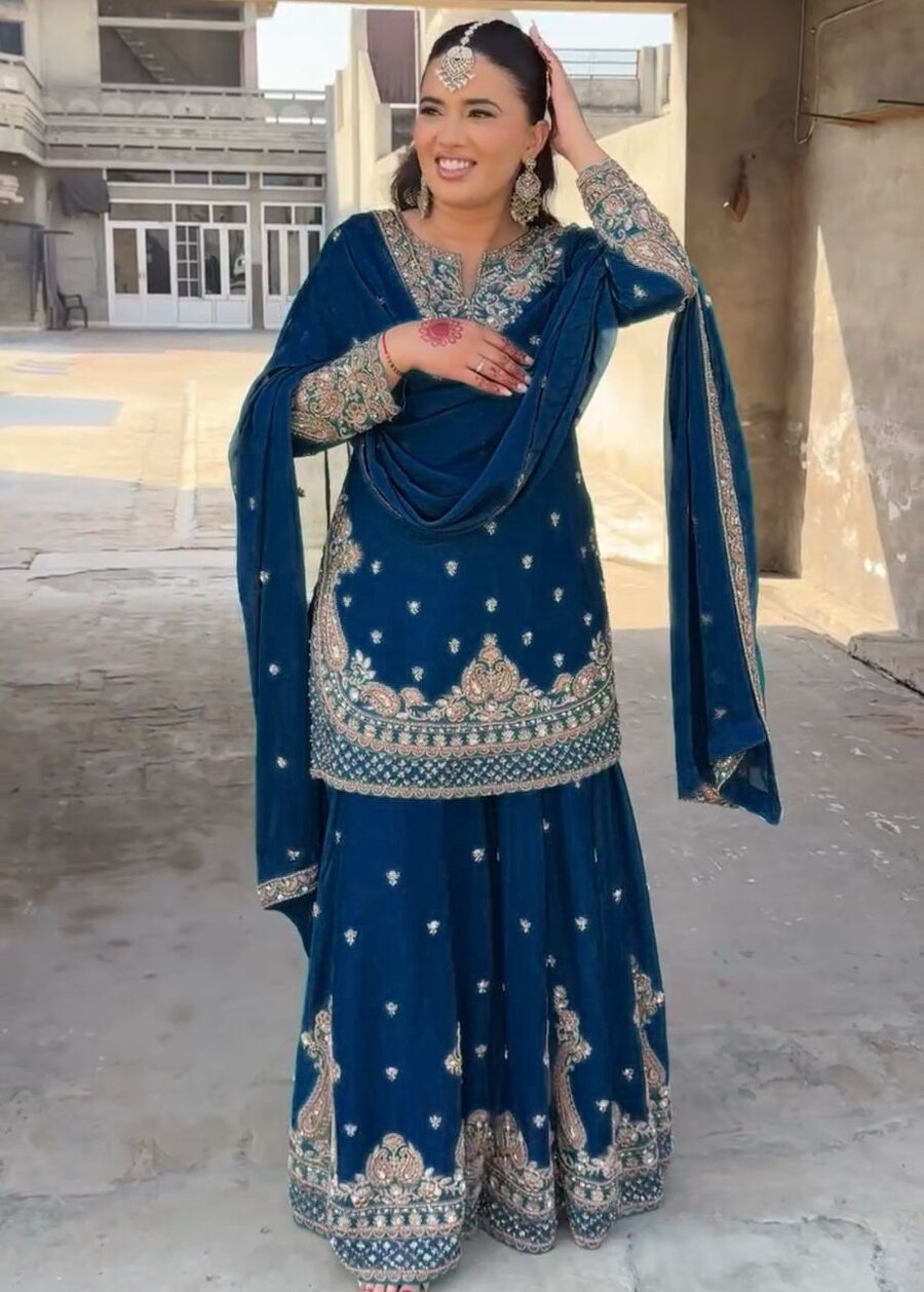 DESIGNER CHINON SILK EMBROIDERY SEQUENCE WORK TOP PALAZZO WITH DUPATTA