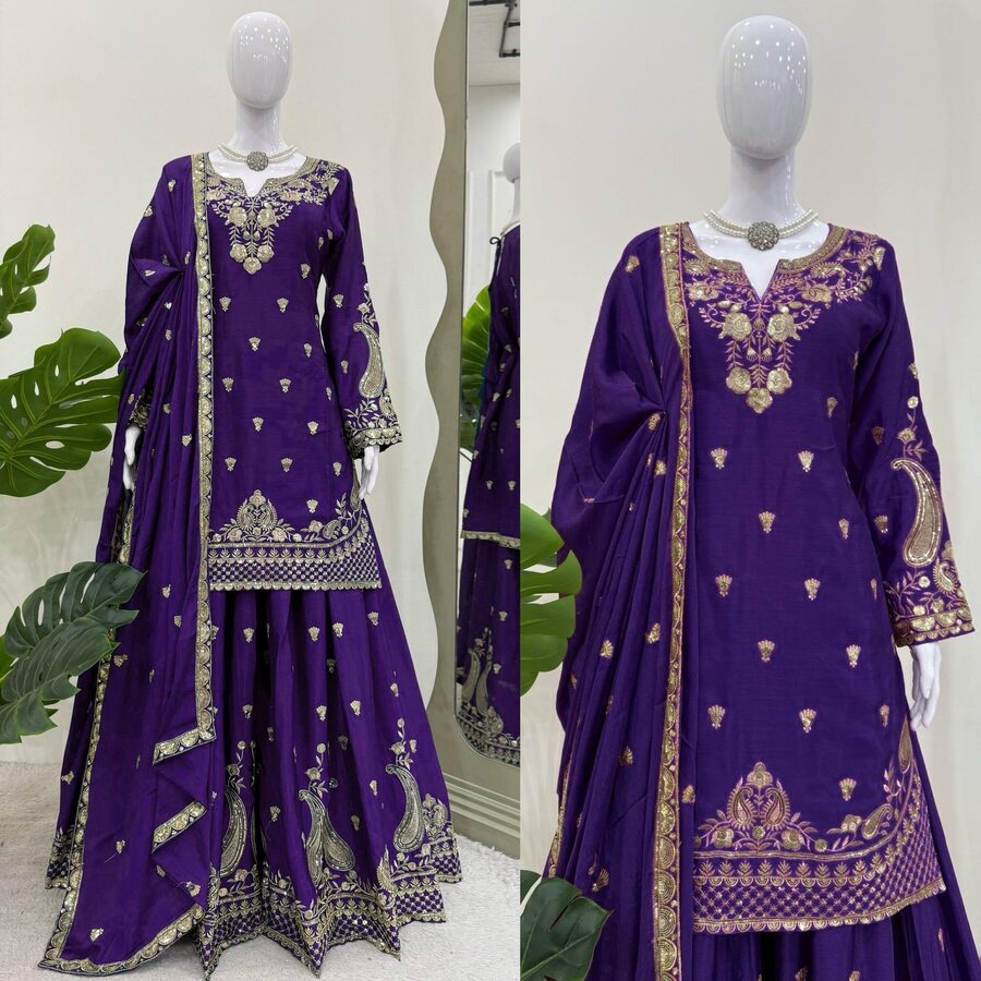 DESIGNER CHINON SILK EMBROIDERY SEQUENCE WORK TOP PALAZZO WITH DUPATTA