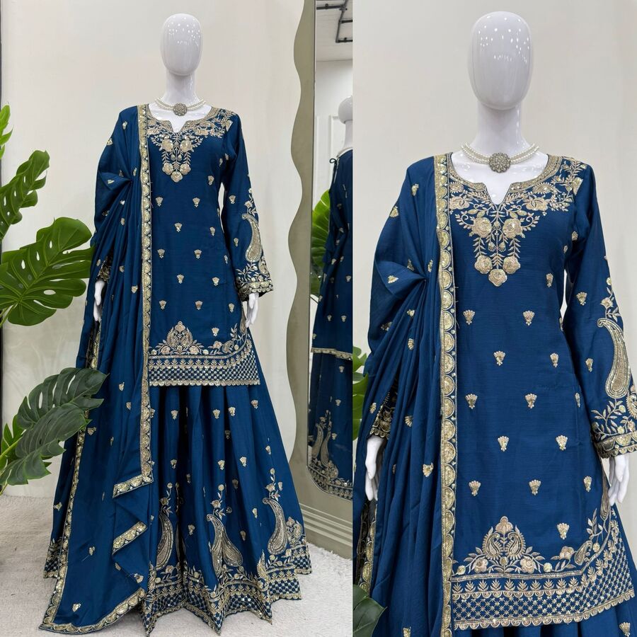 DESIGNER CHINON SILK EMBROIDERY SEQUENCE WORK TOP PALAZZO WITH DUPATTA