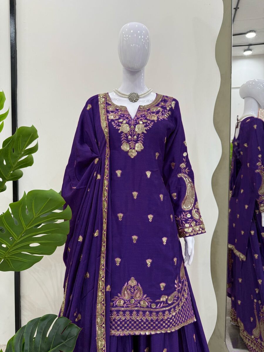 DESIGNER CHINON SILK EMBROIDERY SEQUENCE WORK TOP PALAZZO WITH DUPATTA