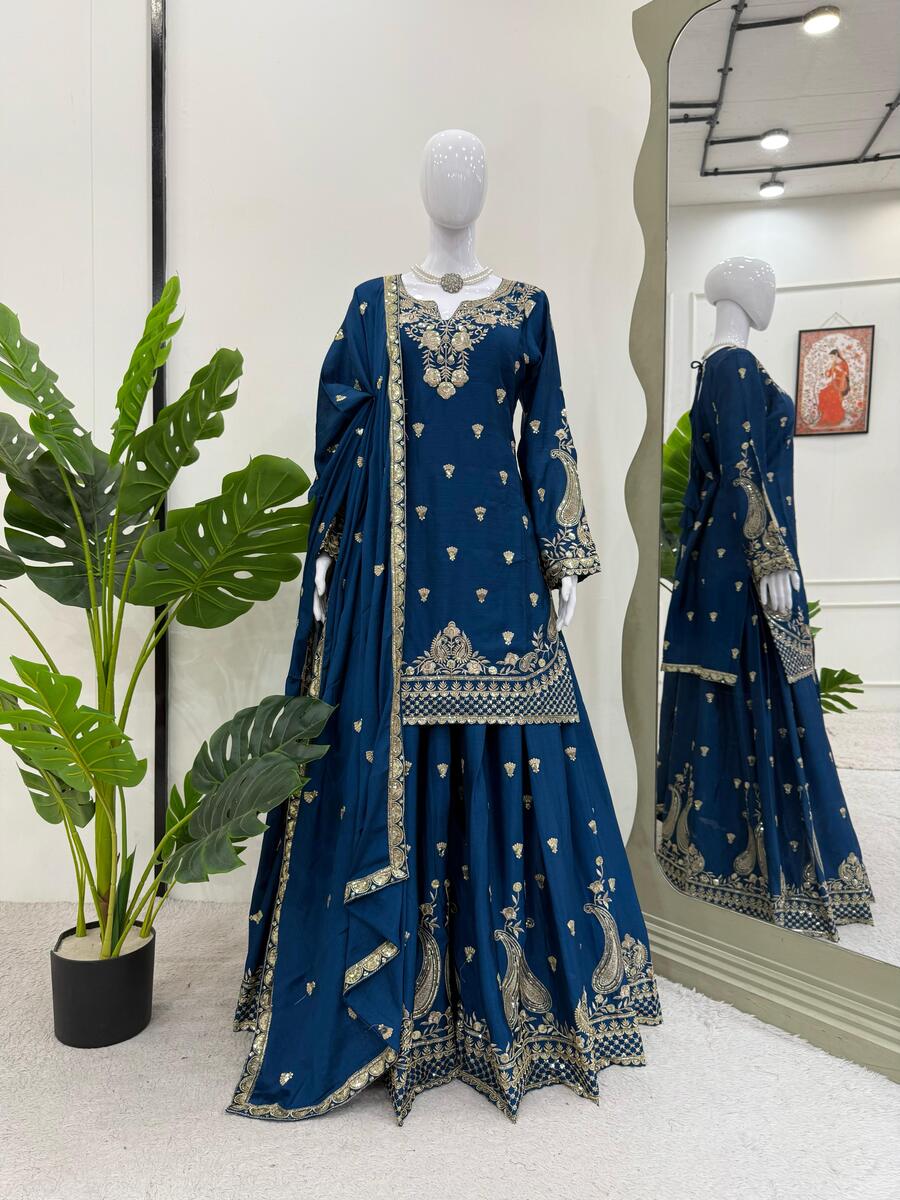 DESIGNER CHINON SILK EMBROIDERY SEQUENCE WORK TOP PALAZZO WITH DUPATTA
