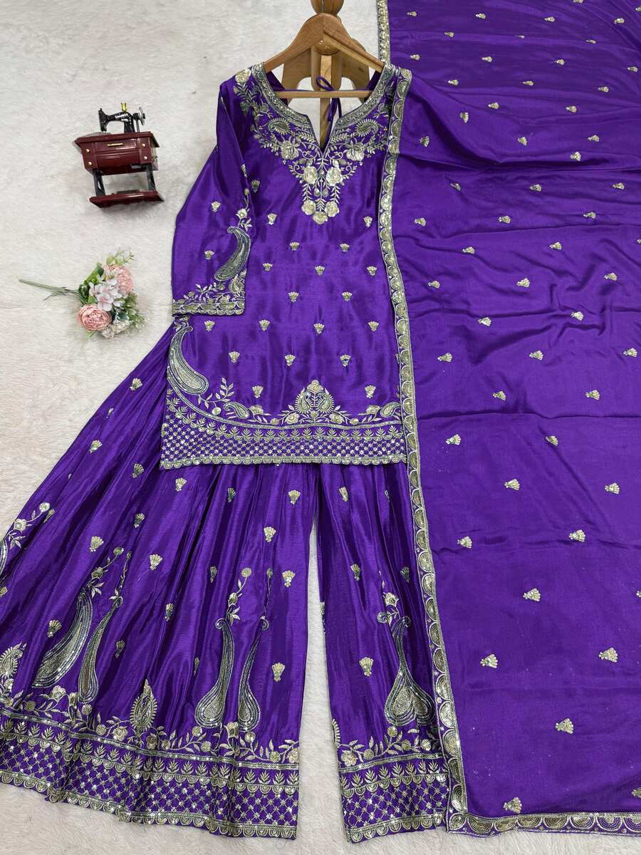 DESIGNER CHINON SILK EMBROIDERY SEQUENCE WORK TOP PALAZZO WITH DUPATTA