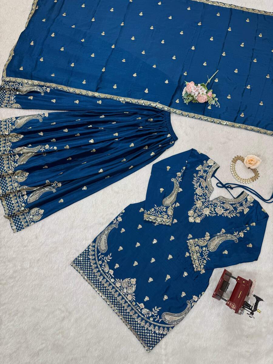 DESIGNER CHINON SILK EMBROIDERY SEQUENCE WORK TOP PALAZZO WITH DUPATTA