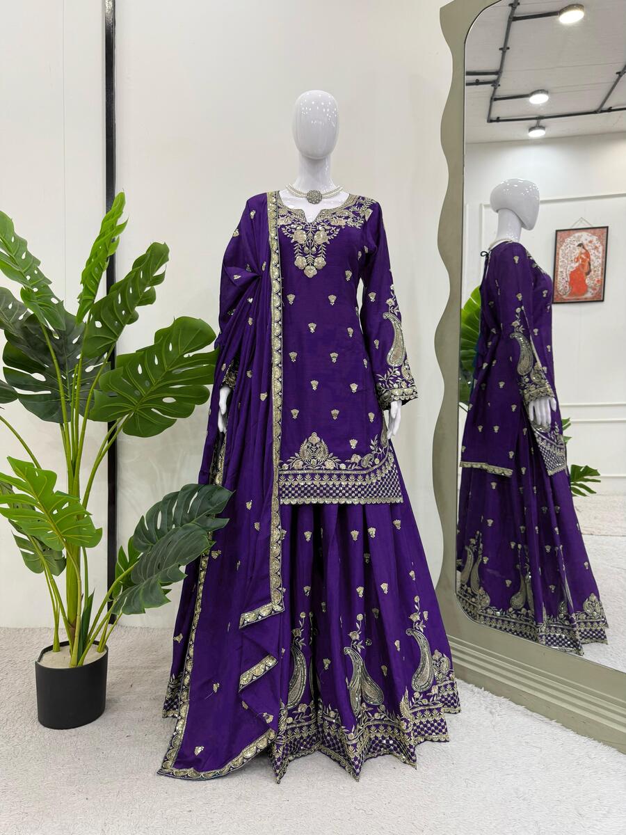 DESIGNER CHINON SILK EMBROIDERY SEQUENCE WORK TOP PALAZZO WITH DUPATTA