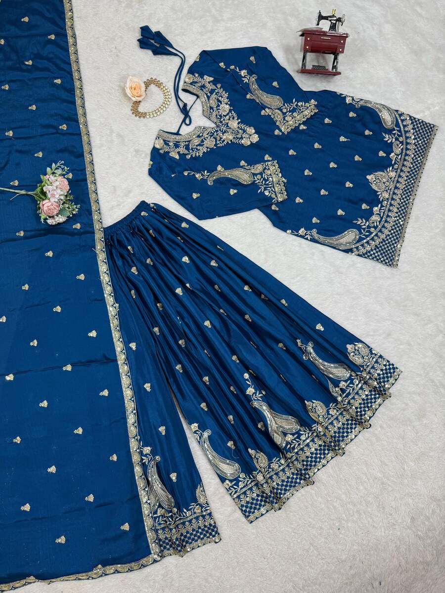 DESIGNER CHINON SILK EMBROIDERY SEQUENCE WORK TOP PALAZZO WITH DUPATTA