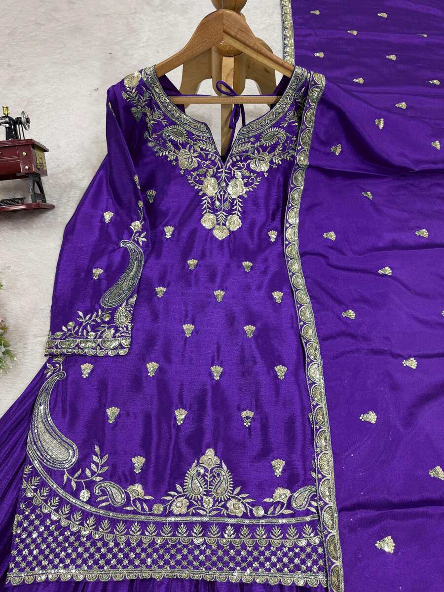 DESIGNER CHINON SILK EMBROIDERY SEQUENCE WORK TOP PALAZZO WITH DUPATTA