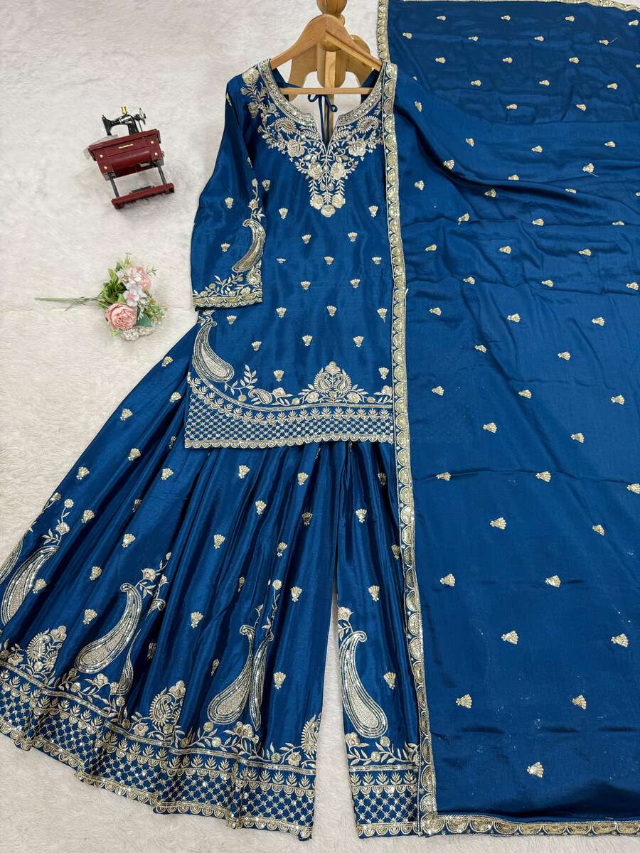 DESIGNER CHINON SILK EMBROIDERY SEQUENCE WORK TOP PALAZZO WITH DUPATTA