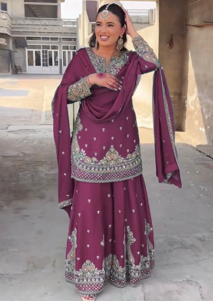 DESIGNER CHINON SILK EMBROIDERY SEQUENCE WORK TOP PALAZZO WITH DUPATTA