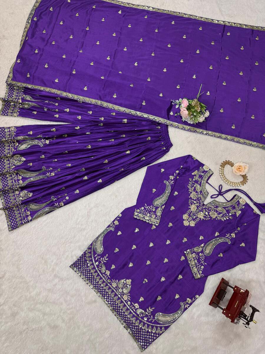 DESIGNER CHINON SILK EMBROIDERY SEQUENCE WORK TOP PALAZZO WITH DUPATTA