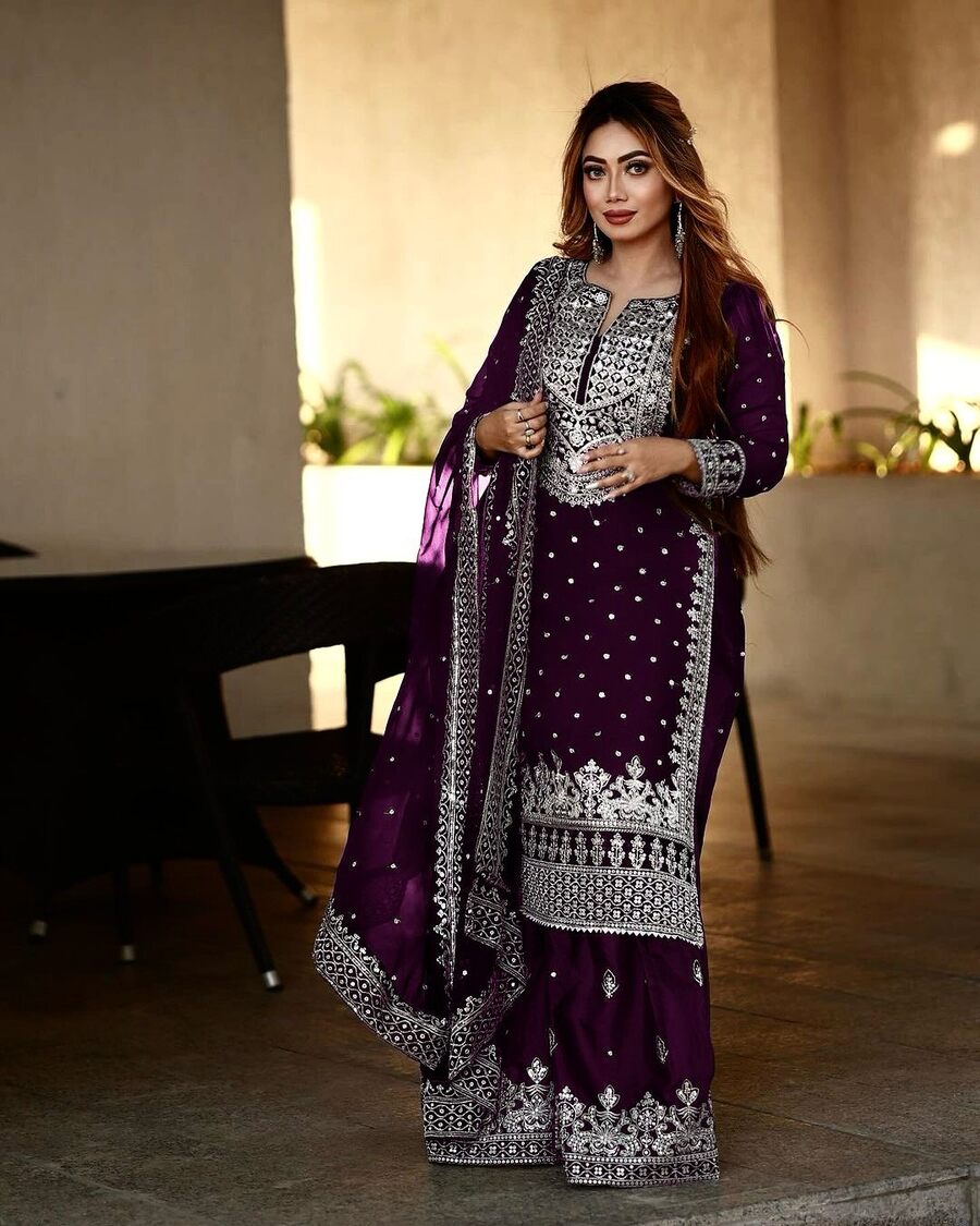DESIGNER GEORGETTE EMBROIDERY SEQUENCE WORK TOP SHARARA WITH DUPATTA