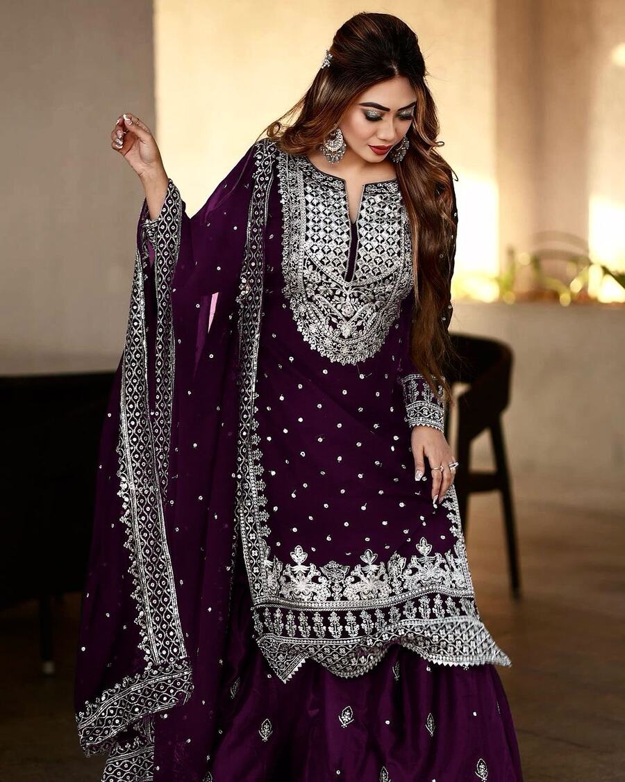 DESIGNER GEORGETTE EMBROIDERY SEQUENCE WORK TOP SHARARA WITH DUPATTA