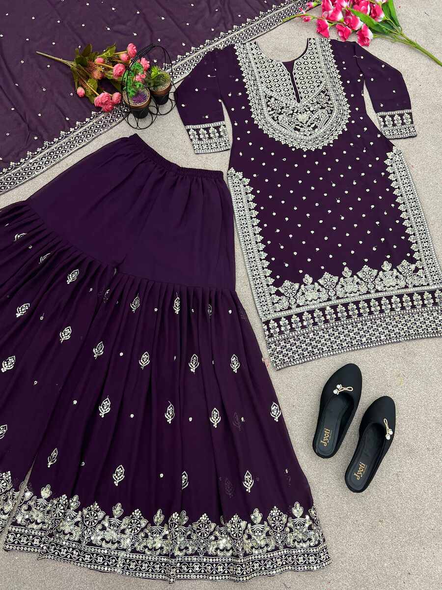 DESIGNER GEORGETTE EMBROIDERY SEQUENCE WORK TOP SHARARA WITH DUPATTA