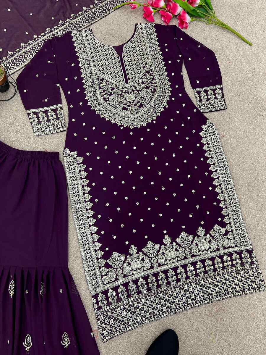 DESIGNER GEORGETTE EMBROIDERY SEQUENCE WORK TOP SHARARA WITH DUPATTA