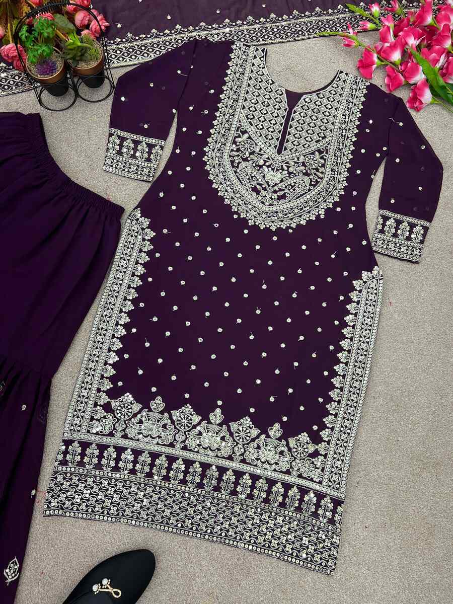 DESIGNER GEORGETTE EMBROIDERY SEQUENCE WORK TOP SHARARA WITH DUPATTA
