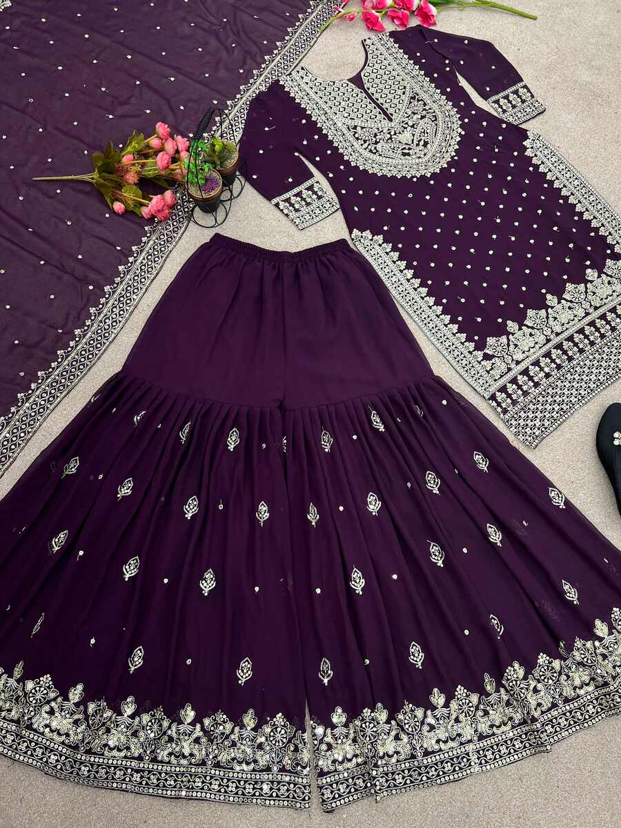 DESIGNER GEORGETTE EMBROIDERY SEQUENCE WORK TOP SHARARA WITH DUPATTA