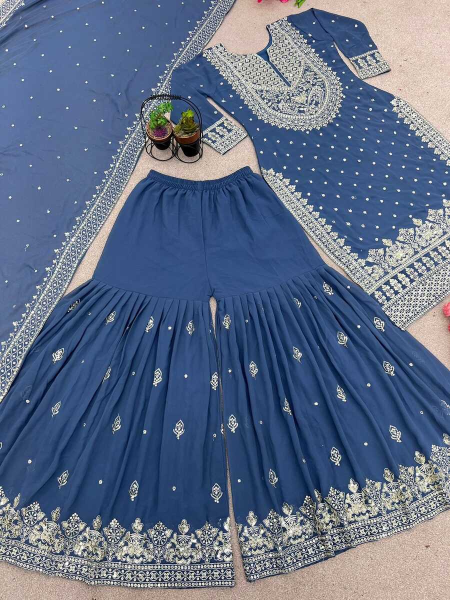 DESIGNER GEORGETTE EMBROIDERY SEQUENCE WORK TOP SHARARA WITH DUPATTA