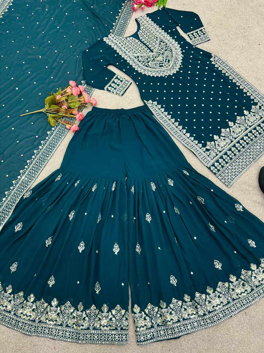 DESIGNER GEORGETTE EMBROIDERY SEQUENCE WORK TOP SHARARA WITH DUPATTA