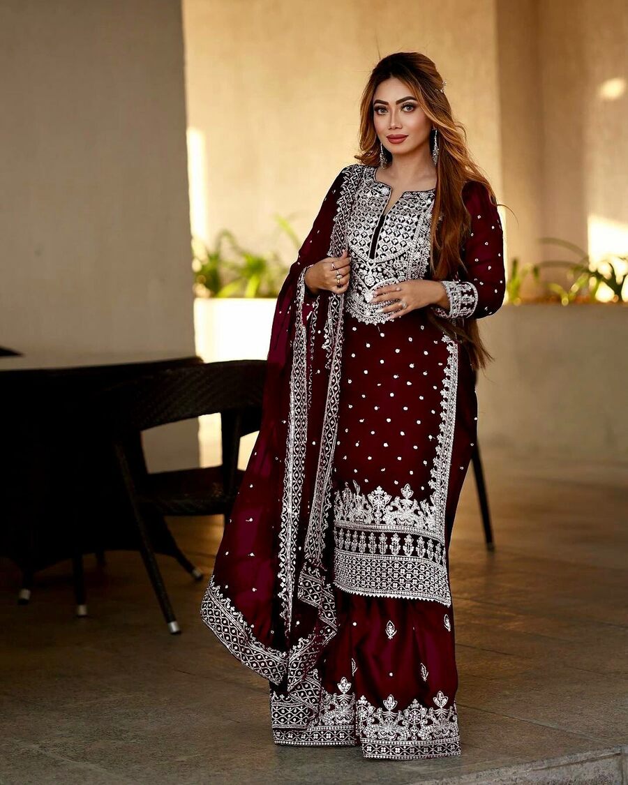 DESIGNER GEORGETTE EMBROIDERY SEQUENCE WORK TOP SHARARA WITH DUPATTA
