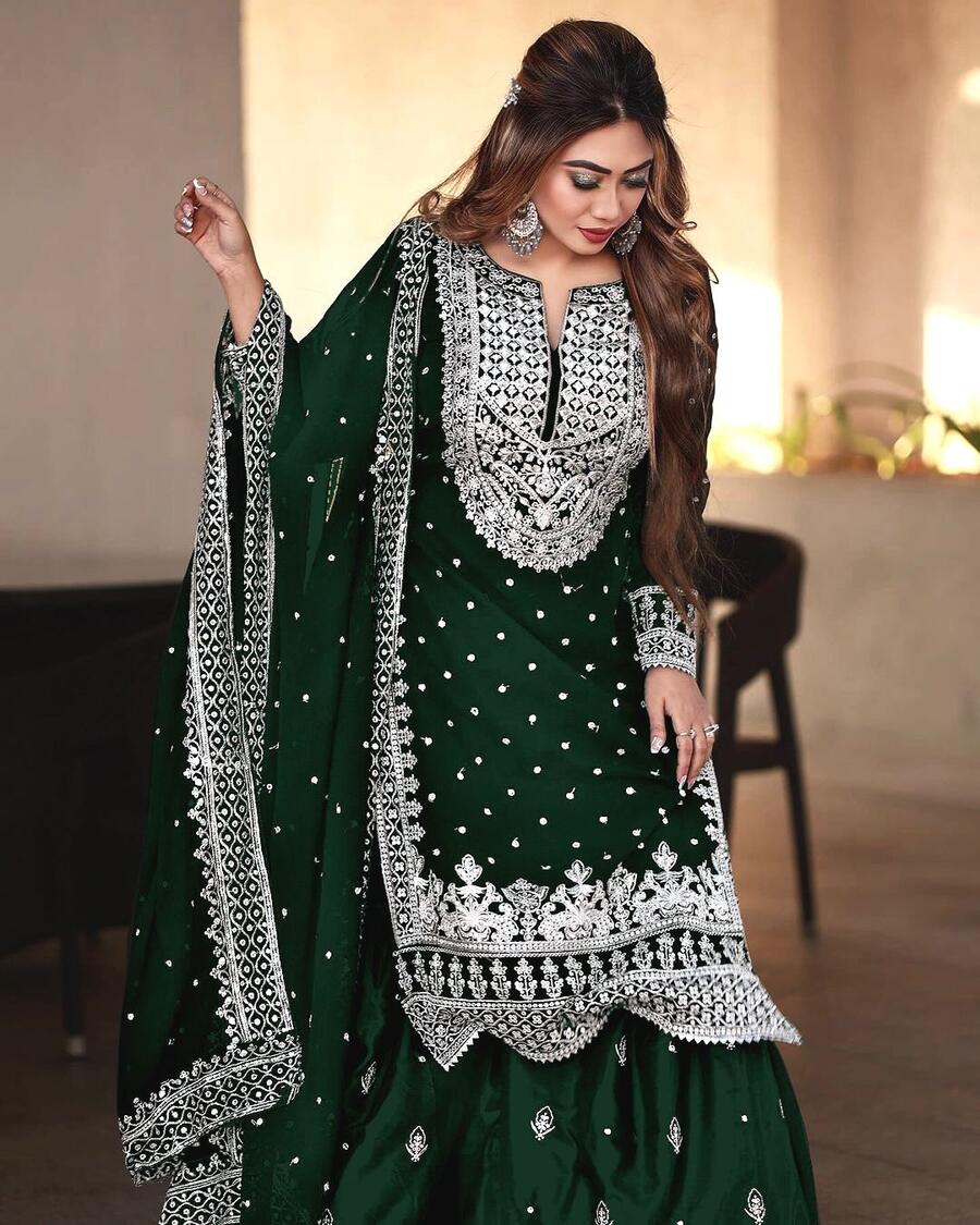 DESIGNER GEORGETTE EMBROIDERY SEQUENCE WORK TOP SHARARA WITH DUPATTA