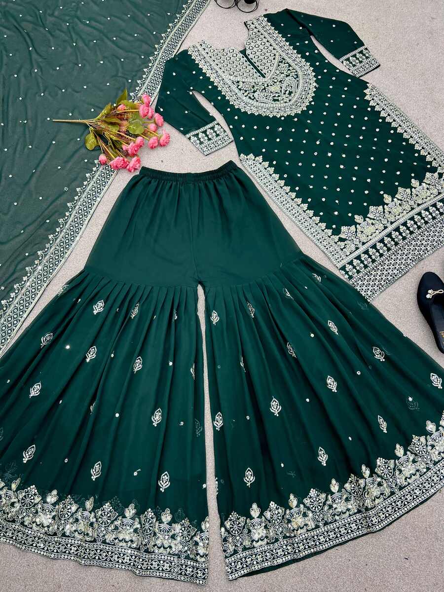DESIGNER GEORGETTE EMBROIDERY SEQUENCE WORK TOP SHARARA WITH DUPATTA